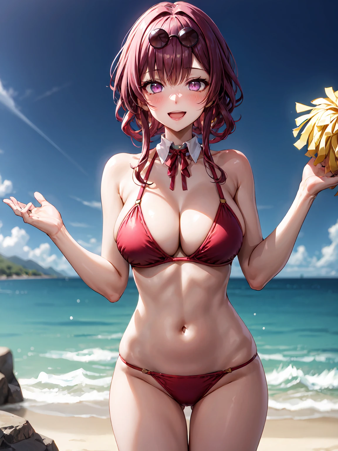 Masterpiece ,best quality , high resolution , ultra detail , colorful , (full front view:1.3) , cowboy shot, (1 girl solo:1.38) , ( kafka , sunglasses , eyewear on head , purple hair , purple eyes , neck-ribbon , hairband) , cheerleader, ( pom pom in hands) , (cheerleading), ( bikini , microbikini) , (cleavage:1.28) , (medium breast:1.2) , (outoor , sea , ocean , sand , dark , night , BBQ , party) , ( full face blush , shy , smile , open mouth , )