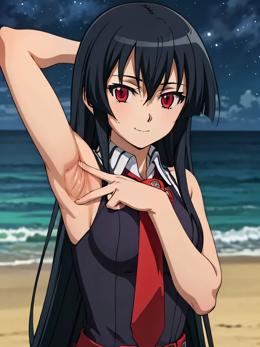 solo, 1girl, looking at viewer, 2D, anime, anime coloring, upper body, akame, necktie, sleeveless, looking at viewer, closed mouth, small smile, solo, night sky, beach, {arms behind head}, contrapposto, spread armpits,