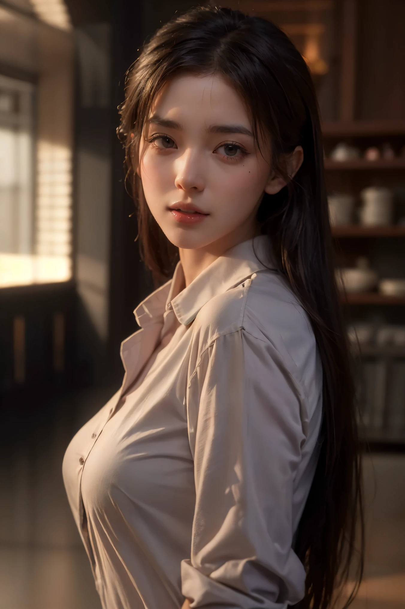 photorealistic, masterpiece, best quality, raw photo, 1girl, solo, long hair, brown hair, detailed face, alluring face, collared shirt, medium breasts, dynamic pose, looking at viewer, from below, detailed background, fine detailed, intricate detail, ray tracing, depth of field, low key, hdr