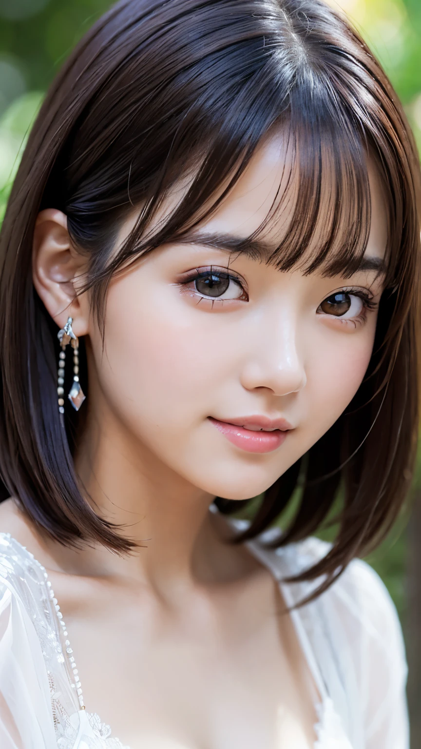 Big Breasts、Bold and sexy pose、smile、natta、Raw photo、(((The ultimate beauty portrait)))、((Glowing Skin))、1 girl、17 year old Japanese girl、Bright expression、((Short brown hair))、(Cleavage)、(See-through lace front opening)、((Big eyes that shine like jewels))、Glossy, lustrous skin、eyeliner、Beautiful Bangs、Hair between the eyeasterpiece、highest quality、Ultra-detailed、Film Light、Intricate details、High resolution、Very detailed))、Detailed Background、8KUHD、Digital SLR、Soft Light、high resolution、Film Grain、FujifilmXT3 、Shallow depth of field、Natural soft light、Gods、Glamorous Bust