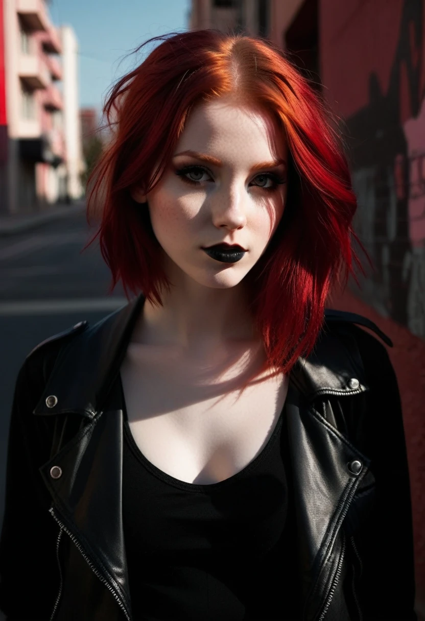 dark shot, city street, pastel goth, sexy goth girl, photo of cute 24 years old redhead woman, cinematic shot, hard shadows, photorealistic, cute face, looking at viewer, abstract portrait of 1girl, undefined gender, fragmented visual style, red and black color palette, evokes feelings of rebellion, passion, and , blurred boundaries, high resolution, aesthetic