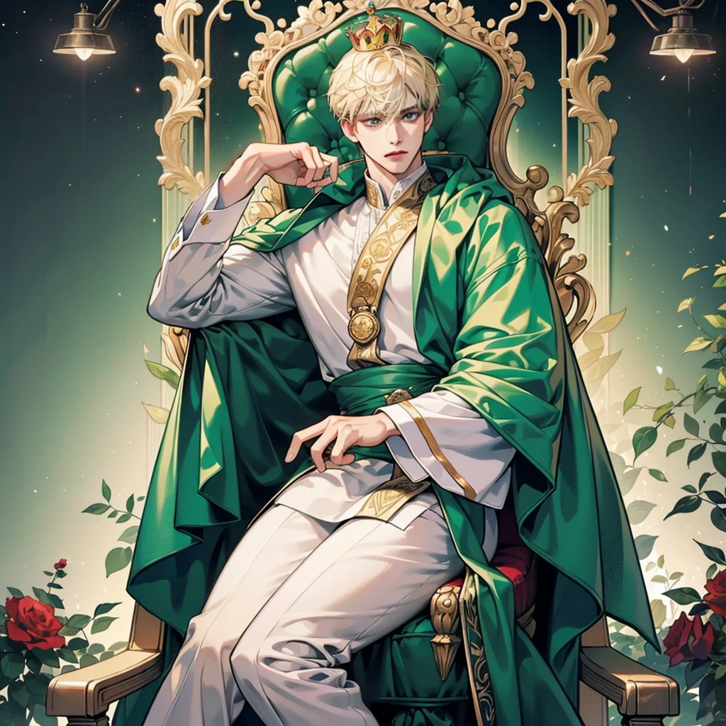 (8K, HighDynamicRange, A high resolution), (ultra-realistic realism, masterpiece, Best quality, hyper-detailing), (Spotlight, movie lighting), (finely detailed, intricate details),
22-year-old man, crowned king outfit, 3D, platinum blonde hair, emerald green eyes, fair skin, seated on a throne, surrounded by red rose bushes, holding a coin in his right hand, stepping on a crown with his right foot,
(impatient gaze, self-assured expression), white shirt, green cloak, (chiseled jawline, muscular build), (missing the crown's rim with his foot