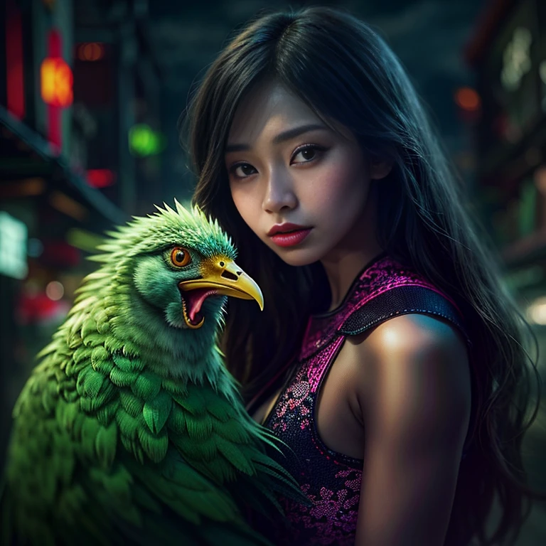 detailed depiction of a hybrid creature with a young and extremely beautiful woman's face attached to the neck of a chicken, dark atmosphere, yokai, chicken, dimly lit streets, horror, nighttime cityscape, (best quality, ultra-detailed, realistic),