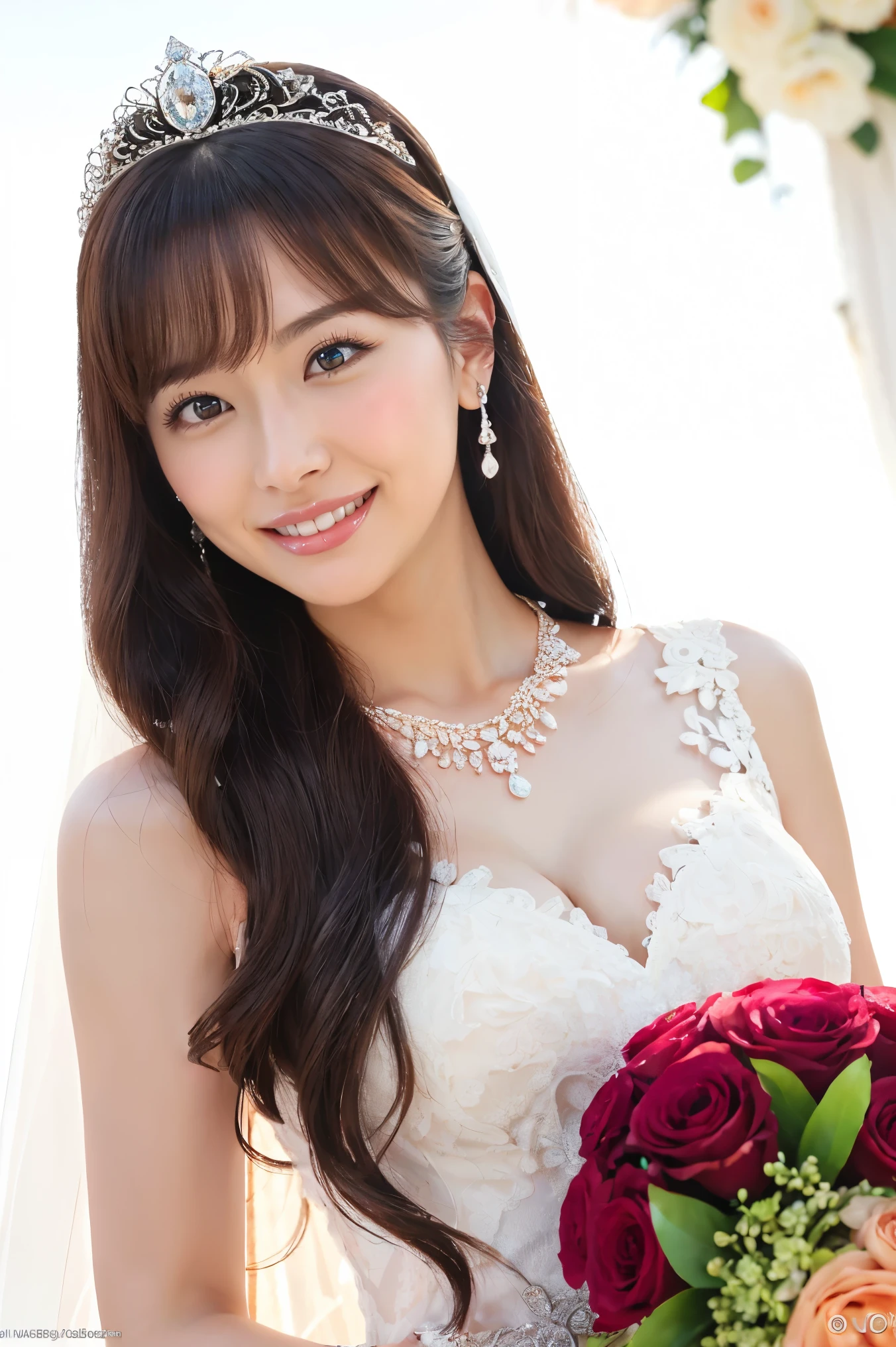 (highest quality、Tabletop、8k、Best image quality、Award-winning works)、One beautiful bride、(alone:1.1)、(The most extravagant and gorgeous huge wedding dresses:1.1)、(Perfect Wedding Lace:1.2)、(The most extravagant and luxurious giant tiara:1.1)、(The most extravagant and luxurious giant necklace:1.1)、The most beautiful smile is looking at me、A wide selection of the finest jewellery、(Bridal upper body photo:1.1)、Perfect Makeup、Long eyelashes、Ultra HD Shining Eyes、Ultra HD Hair、Ultra High Resolution Glossy Lips、Ultra High Resolution Perfect Teeth、Beautiful face in ultra-high definition、(Accurate anatomy:1.1)、(Very bright and beautiful skin:1.2)、(very bright and vivid:1.2)、(Luxury wedding venue background:1.1)