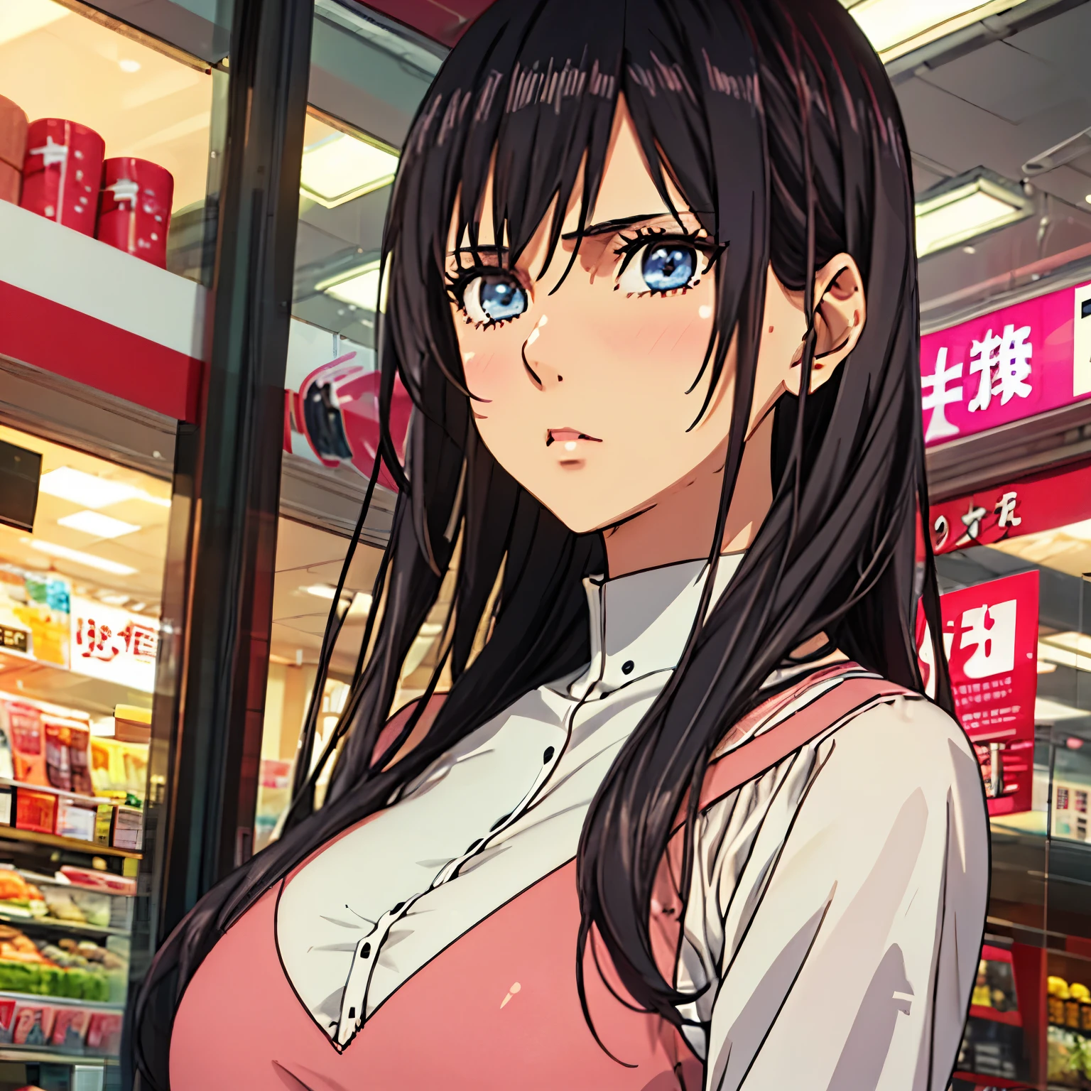 ((((solo)))), 1 girl, teenager, beautiful girl, sharp eyes, long black hair, blue eyes, serious, japanese city, pink dress, very big breasts,