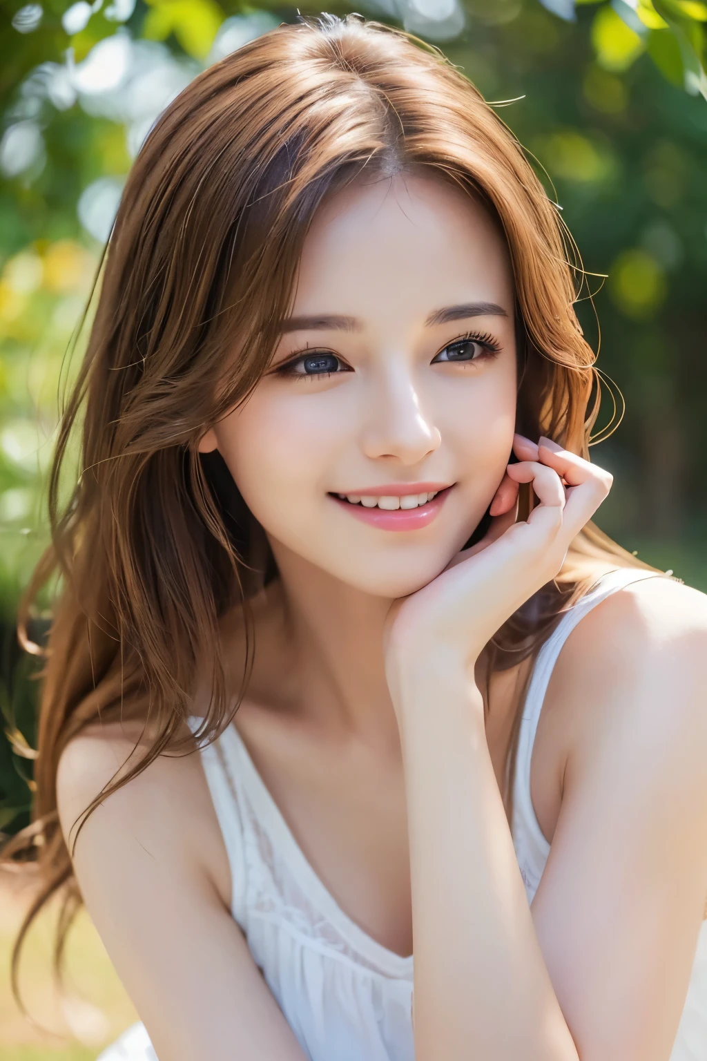 (masterpiece:1.3), (8k, Realistic, Raw photo, highest quality: 1.4), Soft Light, Professional Lighting, One girl, 30 years old, Pure beauty, Mouth closed, smile, Brown medium hair, Outdoor