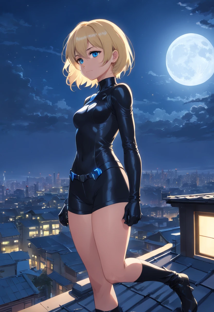 Women, ((Blonde)), ((Blue eyes)), ((Short hair)), ((Full shot)), She wears an all black catwoman costume with high heeled boots, she is standing on a roof with the moon in the background ((Full Body))