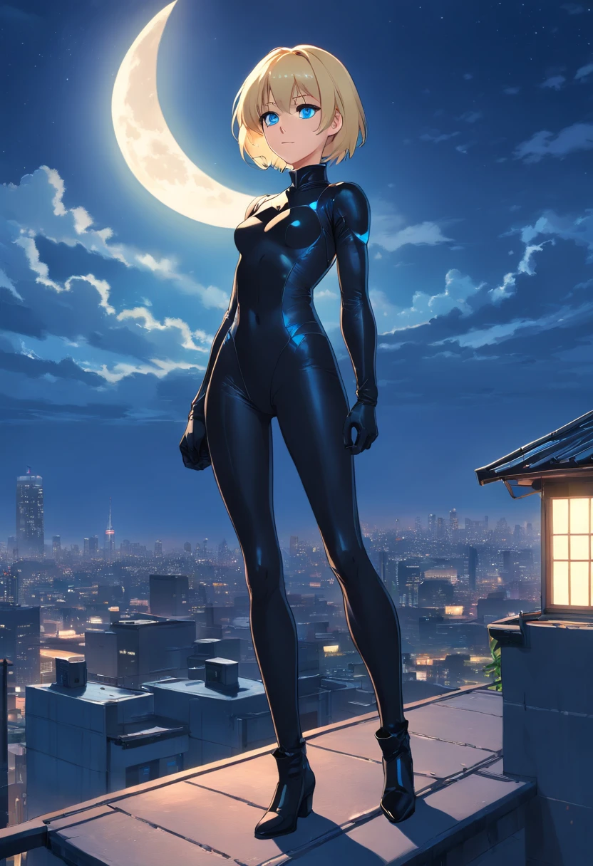 17 years old Women, ((Blonde)), ((Blue eyes)), ((Short hair)), ((Full shot)), She wears an all black catwoman costume with high heeled boots, she is standing on a roof with the moon in the background ((Full Body))