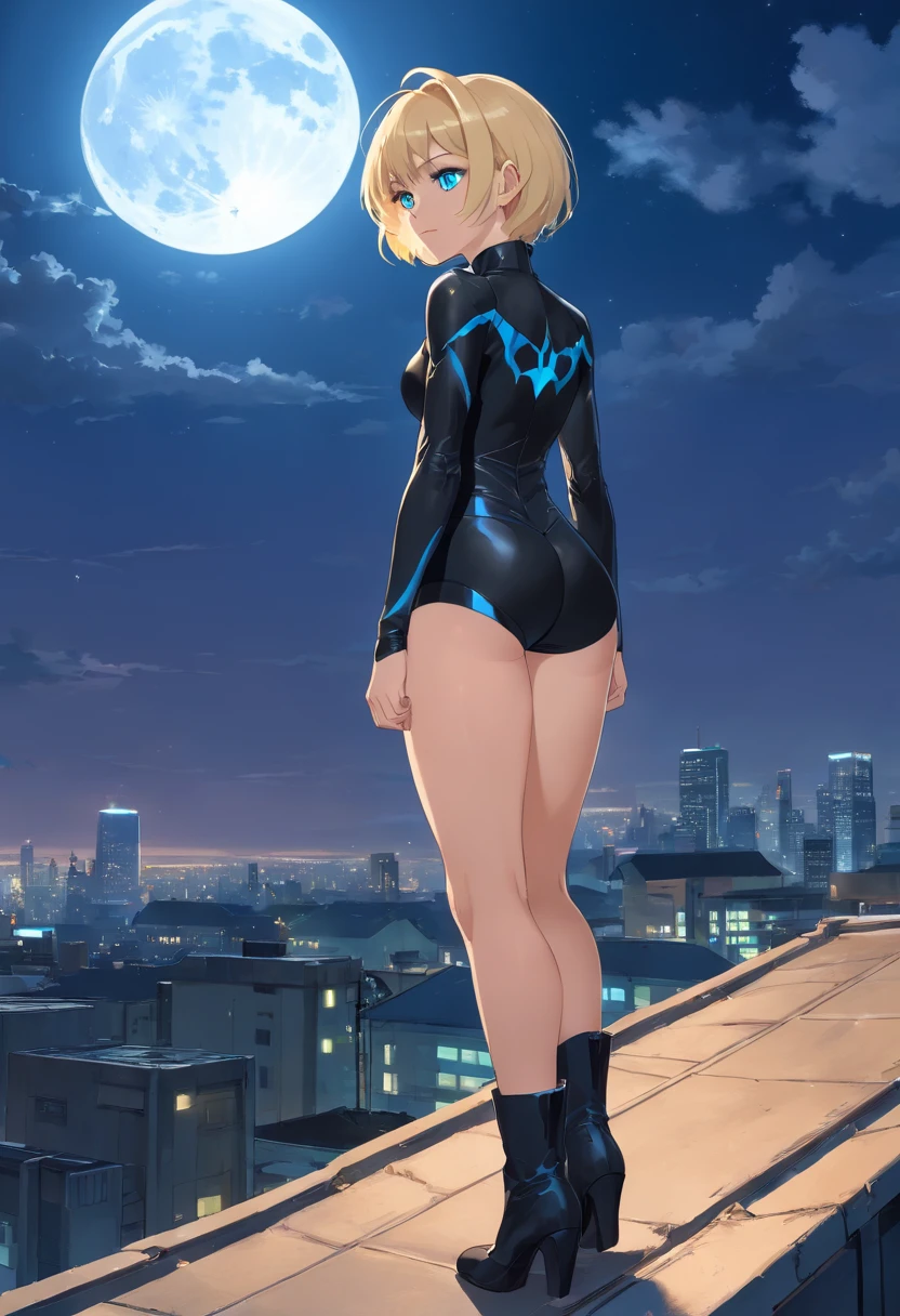17 years old Women, ((Blonde)), ((Blue eyes)), ((Short hair)), ((Full shot)), She wears an all black catwoman costume with high heeled boots, she is standing on a roof with the moon in the background ((Full Body))