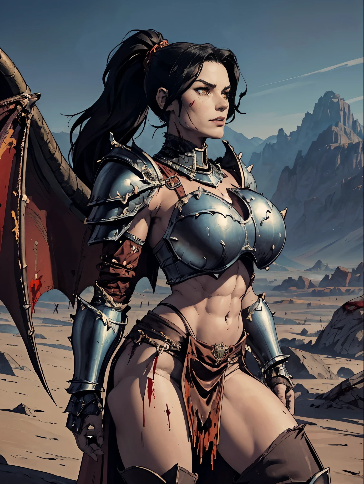 (masterpiece, top quality, best quality, official art, beautiful and aesthetic:1.2), (1girl:1.3), ((Sharp facial features, sharp features, hawkish features)), ((pale skin, orange eyes, big hair, long black hair, ponytail)), big tiddy chaos warrior girl, extremely detailed, portrait, looking at viewer, solo, (full body:0.6), detailed background, full-body shot, (hot desert mountain theme:1.1), chaos warrior, (spiky helmet), charlatan, smirk, mysterious, swaying in mountains, armor, red metal, brass trim, long boots, dual axes, blood red fabric, pelvic curtain, loincloth, black leather, ((((dragon wings, heavy armor, blood, blood splatter, armored, gigantic breasts, long legs, pelvic curtain, toned, muscular)))), cute belly button, toned tummy, slim waist, slim hips, long legs, medieval (mountain exterior:1.1) background, dark mysterious lighting, shadows, magical atmosphere, dutch angle