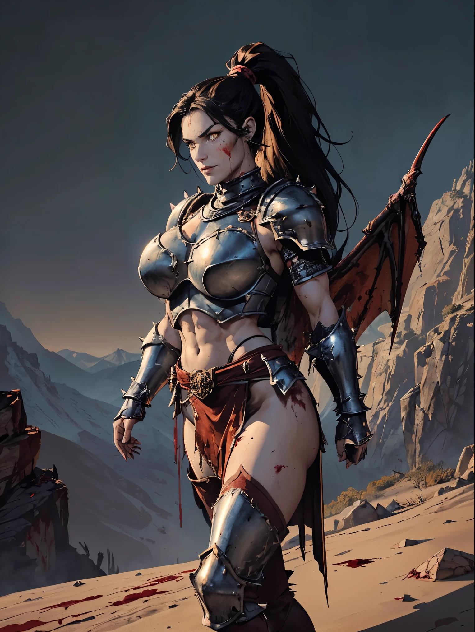 (masterpiece, top quality, best quality, official art, beautiful and aesthetic:1.2), (1girl:1.3), ((Sharp facial features, sharp features, hawkish features)), ((pale skin, orange eyes, big hair, long black hair, ponytail)), big tiddy chaos warrior girl, extremely detailed, portrait, looking at viewer, solo, (full body:0.6), detailed background, full-body shot, (hot desert mountain theme:1.1), chaos warrior, (spiky helmet), charlatan, smirk, mysterious, swaying in mountains, armor, red metal, brass trim, long boots, dual axes, blood red fabric, pelvic curtain, loincloth, black leather, ((((dragon wings, heavy armor, blood, blood splatter, armored, gigantic breasts, long legs, pelvic curtain, toned, muscular)))), cute belly button, toned tummy, slim waist, slim hips, long legs, medieval (mountain exterior:1.1) background, dark mysterious lighting, shadows, magical atmosphere, dutch angle