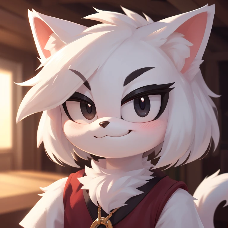 mobian cat, white cat, white fur, white hair, black eyes, tuft, fur, fluffy, ((smug)), femboy, blush, feline, felid, smirk, :3, hi res, absurd res, good quality, nice details, detailed, insanely detailed, extreme detail, refined detail, perfect detail, max detail