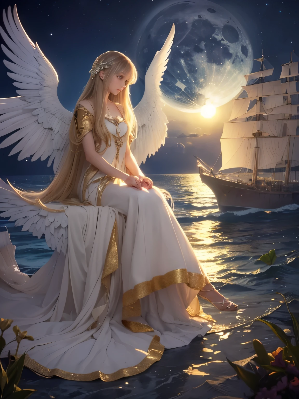 A very beautiful angel sitting with hands folded and lovely small feet and golden book at her feet, Meet me by the moonlight love meet me Meet me by the moonlight alone alone I have a sad story to tell you All down by the moonlight alone I've always loved you my darling You said I've never been true I'd do anything just to please you I'd die any day just for you I have a ship on the ocean All lined with silver and gold And before my little darling shall suffer I'll have the ship anchored and sold If I had wings like an angel Over these prison walls I would fly I'd fly to the arms of my darling And there I'd be willing to die