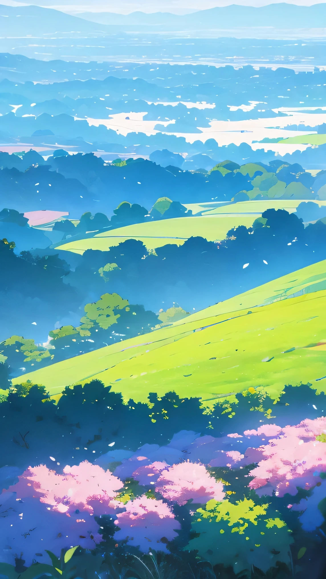Hal's moving castle, wide Angle, bright spring, green vast plain, Makoto Shinkai _ Miyazaki Hayao _ Shin Haisei _ Miyazaki Hajun _ Japanese manga _