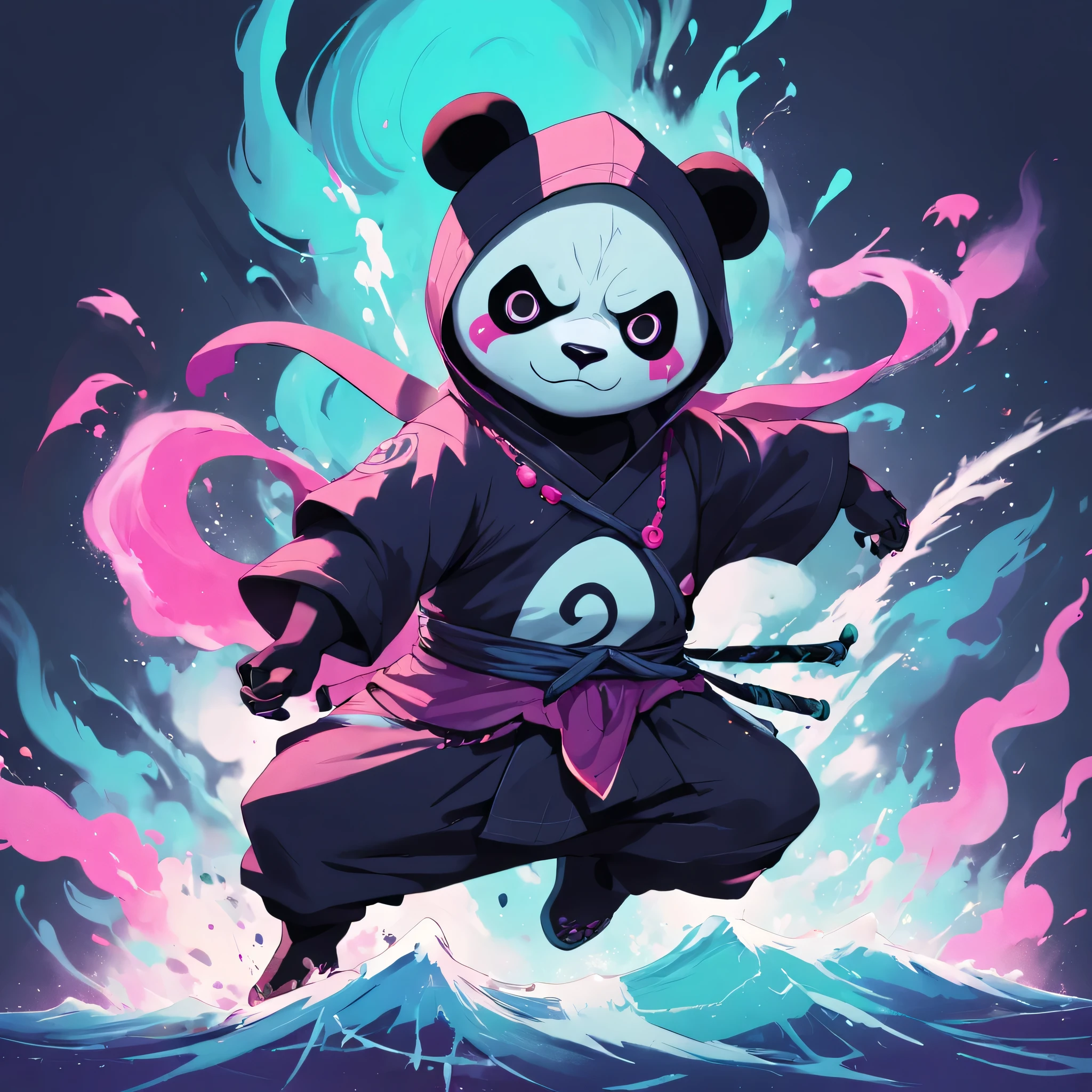 A detailed face illustration evil panda ninja panda, magic, t-shirt design, magenta, dark magic splashes, dark, ghotic,  fireburn, smoke, ocean wave, colorfull , t-shirt design, in Studio Ghibli style, tetradic pastels, 3D vector art, cute and quirky, fantasy art, watercolor effect, bokeh, Adobe Illustrator, hand-drawn, digital painting, low-poly, soft lighting, bird's eye view, isometric style, retro aesthetic, character-centric, 4K resolution, photorealistic rendering, using Cinema 4D and finally having the word Nano at the bottom with a graffiti-like font style.