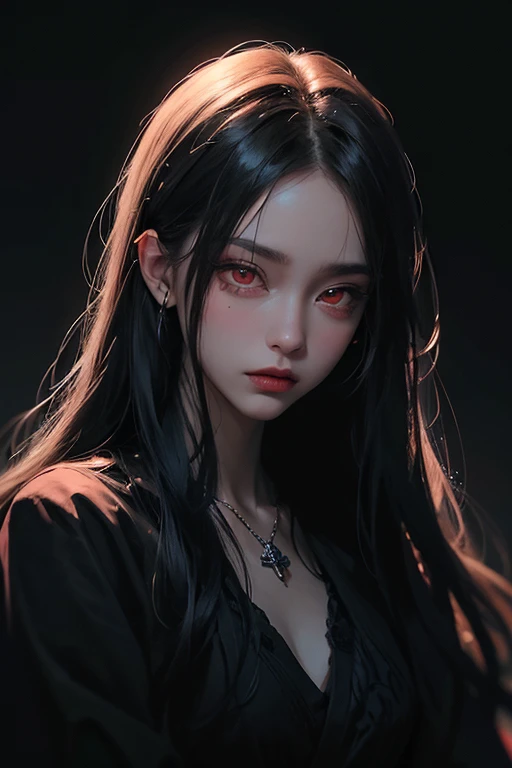 Oriental girl 1girl, solo, long hair, looking at viewer, luminous eyes, red eyes, jewelry, necklace, makeup, lipstick, black background, portrait, glowing eyes, by vergvoktre, dramatic, gritty, intense, distorted face, nightmare, intricate details, hyperdetailed, cinematic, dark shot, film grainy, soothing tones, muted colors, technicolor BREAK outdoors, twilight, raytracing BREAK d4rk4rt artstyle, monochrome, greyscale
