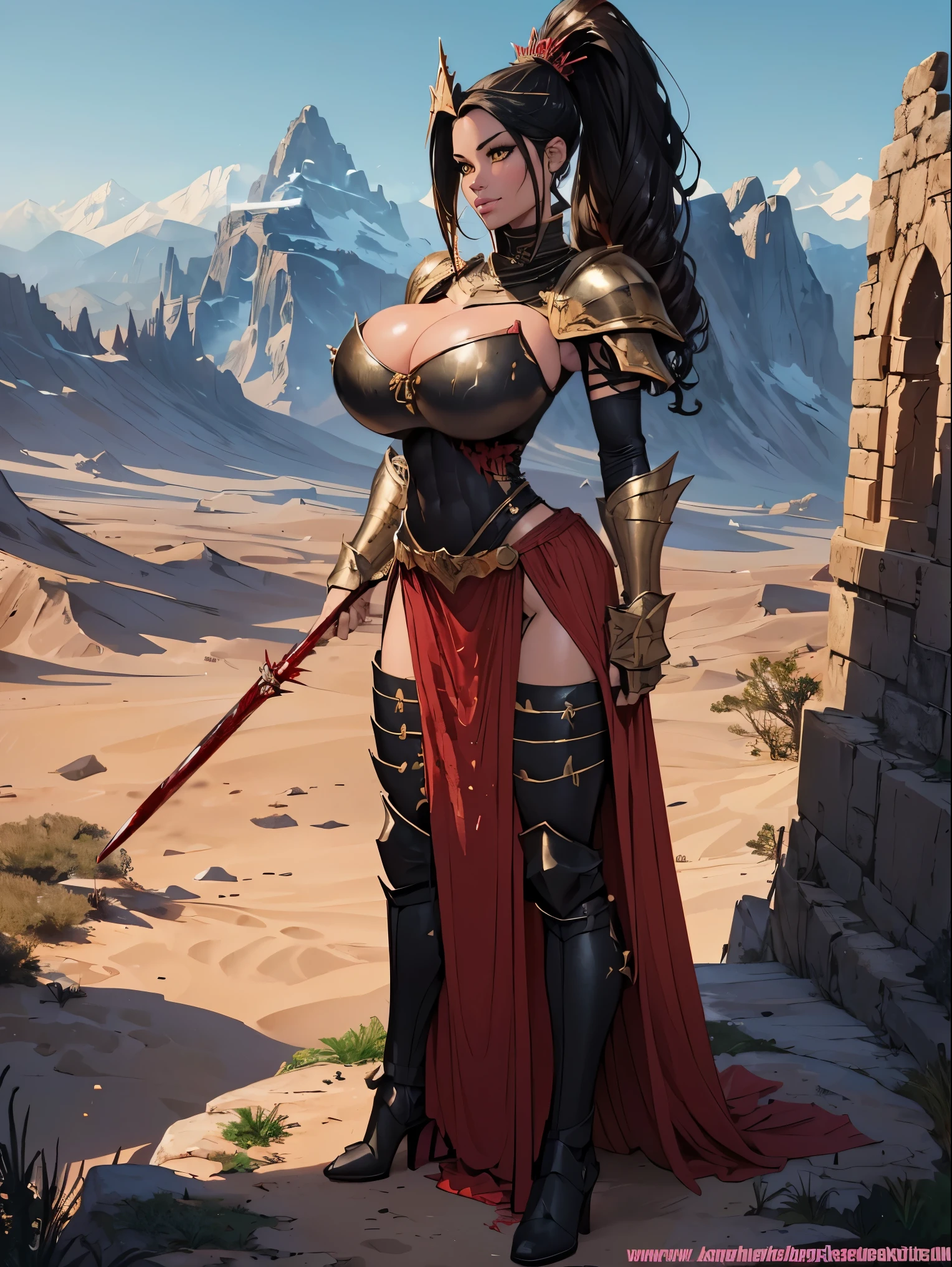 (masterpiece, top quality, best quality, official art, beautiful and aesthetic:1.2), (1girl:1.3), ((Sharp facial features, sharp features, hawkish features)), ((pale skin, orange eyes, big hair, long black hair, ponytail)), big tiddy chaos warrior girl, extremely detailed, portrait, looking at viewer, solo, (full body:0.6), detailed background, full-body shot, (hot desert mountain theme:1.1), chaos warrior, (spiky helmet), charlatan, smirk, mysterious, swaying in mountains, armor, red metal, brass trim, long boots, blood red fabric, pelvic curtain, loincloth, black leather, ((((spear, heavy armor, blood, blood splatter, armored, gigantic breasts, long legs, pelvic curtain, toned, muscular)))), cute belly button, toned tummy, slim waist, slim hips, long legs, medieval (mountain exterior:1.1) background, dark mysterious lighting, shadows, magical atmosphere, dutch angle