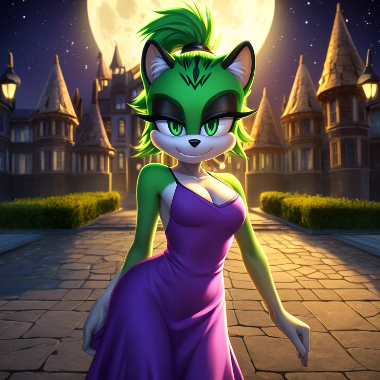 mobian leopard, female, green fur, green eyes, green hair, green body, ponytail, purple dress, low cut dress, cleavage,  grin, fluff, fur, tuft, night, moon, castle, small breasts, Masterpiece, high quality, studio quality, intricate details, 4k, solo, ((masterpiece)), high quality, ((2d, 2d art)), ((sharp, expressive eyes)), (detailed colors, detailed shading), detailed background