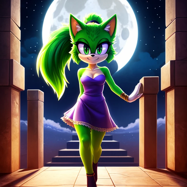 mobian leopard, female, green fur, green eyes, green hair, green body, ponytail, purple dress, low cut dress, cleavage, grin, fluff, fur, tuft, night, moon, castle, small breasts, Masterpiece, high quality, studio quality, intricate details, 4k, solo, ((masterpiece)), high quality, ((2d, 2d art)), ((sharp, expressive eyes)), (detailed colors, detailed shading), detailed background
