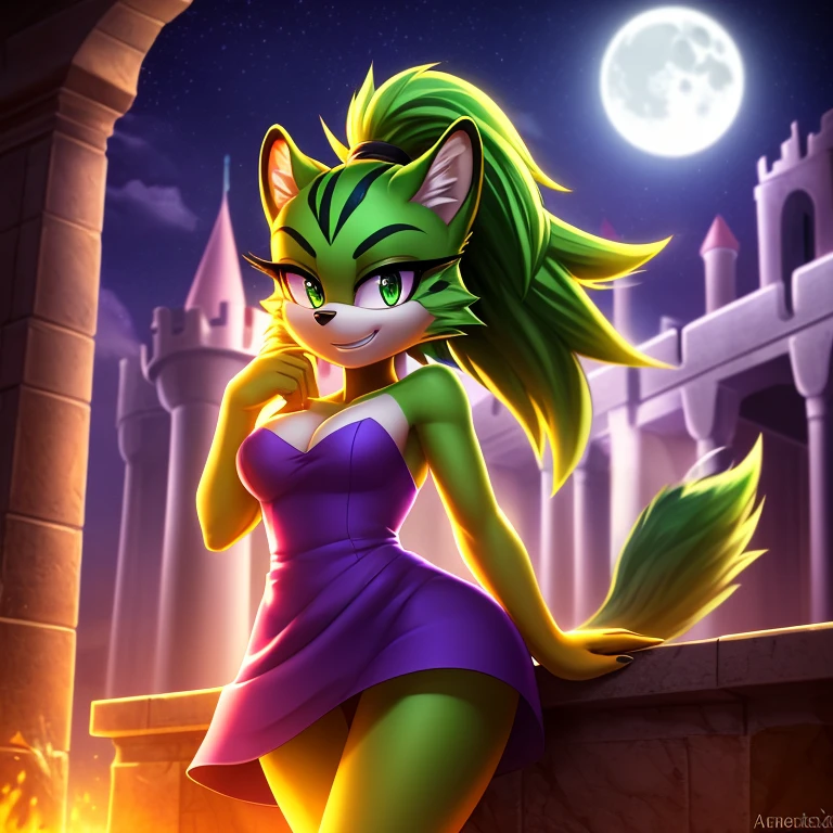 mobian leopard, female, green fur, green eyes, green hair, green body, ponytail, purple dress, low cut dress, cleavage,  grin, fluff, fur, tuft, night, moon, castle, small breasts, Masterpiece, high quality, studio quality, intricate details, 4k, solo, ((masterpiece)), high quality, ((2d, 2d art)), ((sharp, expressive eyes)), (detailed colors, detailed shading), detailed background