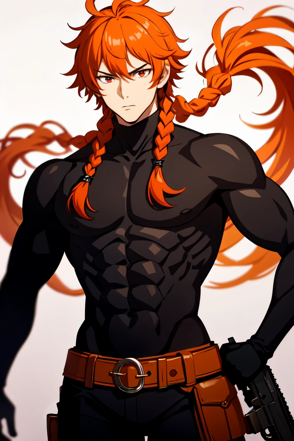 anime, one braid, orange hair, red hair, fluffy hair, thick bangs, long hair, red eyes, black turtleneck, bishounen, tall, mature, masculine, lean, serious, hair tufts, messy hair, man, belt, fire, empty gun harness
