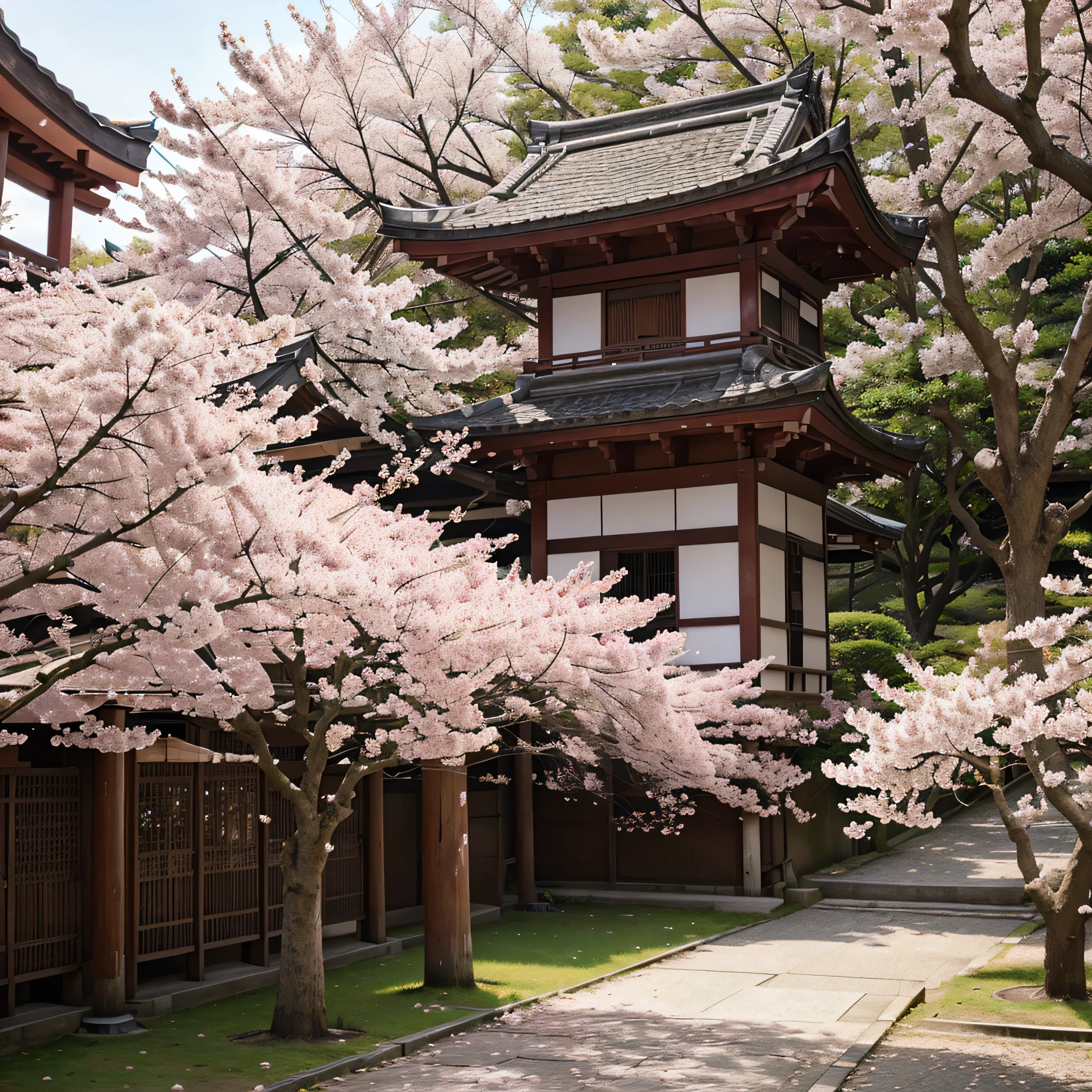 cherry blossom trees everywhere, high quality photo, pink petals falling down, artistic, Japanese style photo, vibrant, illustration style