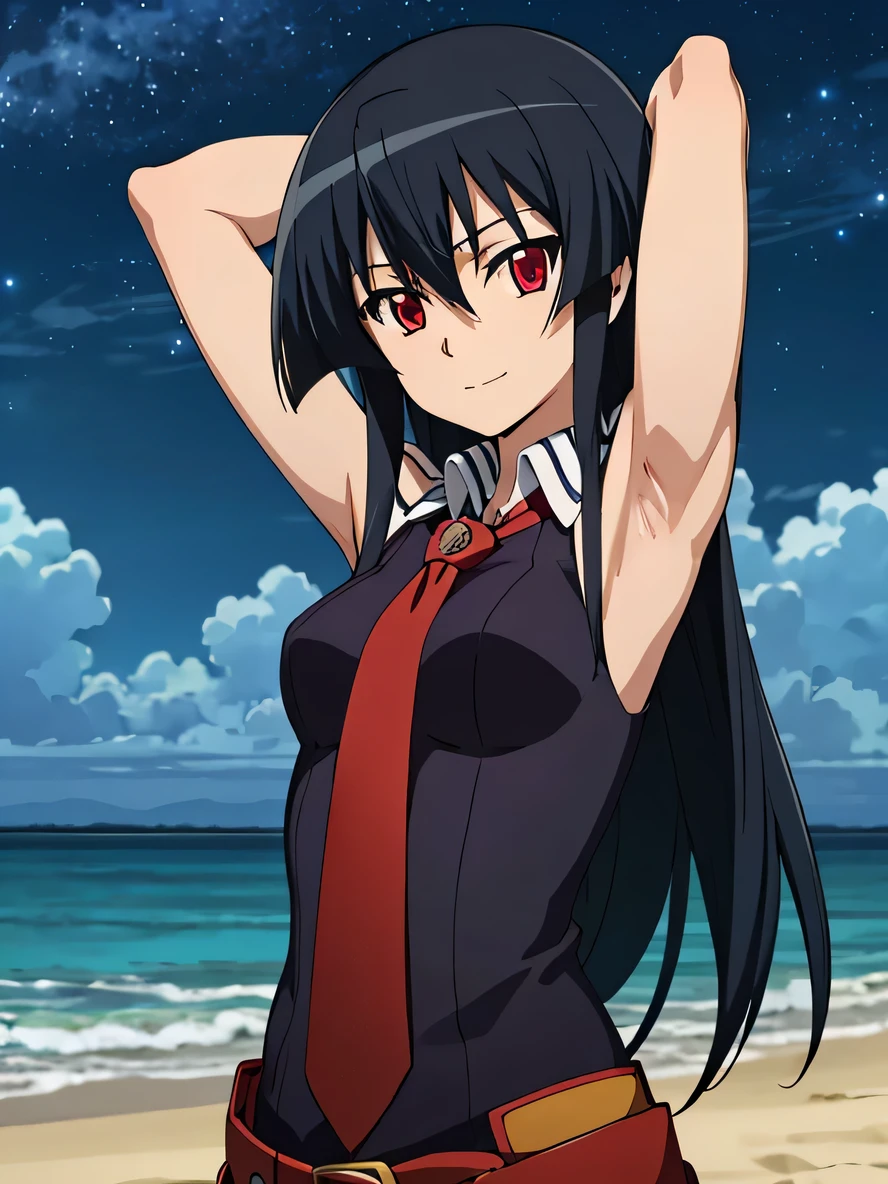 solo, 1girl, looking at viewer, 2D, anime, anime coloring, upper body, akame, necktie, sleeveless, looking at viewer, closed mouth, small smile, solo, night sky, beach, {arms behind head}, contrapposto, spread armpits,