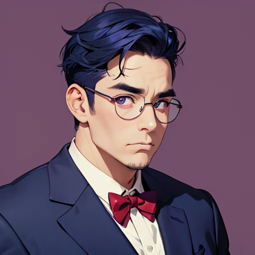 bust shot, middle aged man, 60 years old , navy blue hair, round glasses, Purple suit, red bow tie, round face shape, plump body type, purple eyes