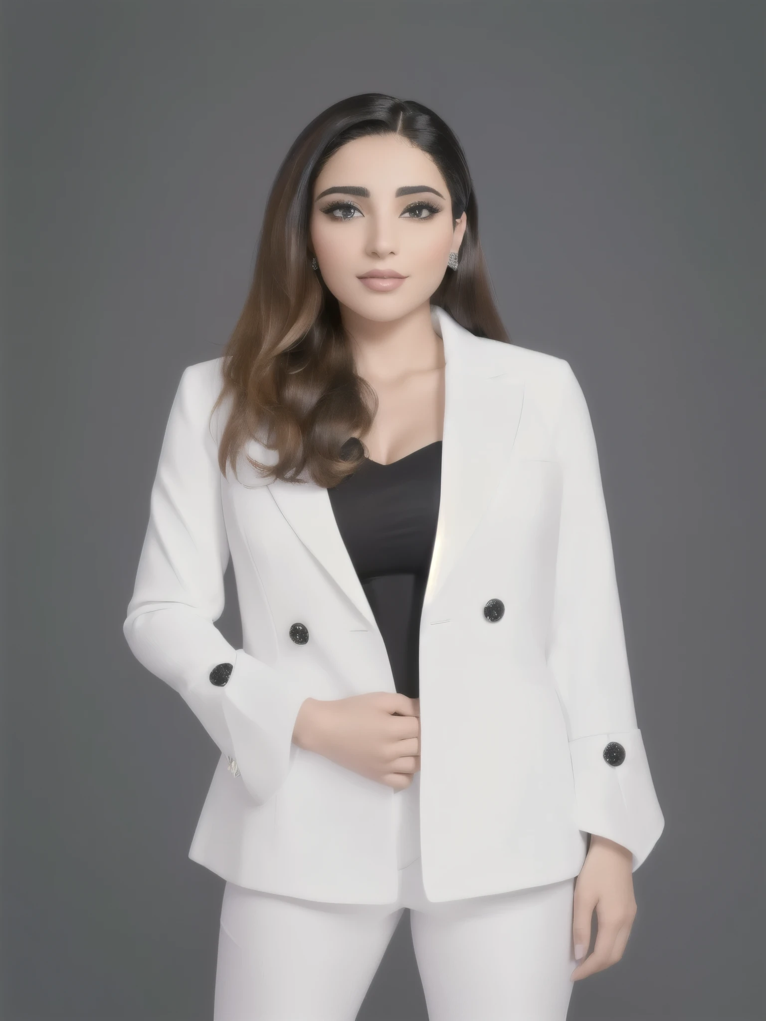 "(best quality, 4k, highres, ultra-detailed, realistic:1.37), a confident Arabian woman in a white suit and black inner top striking a pose for a professional photo, beautiful face, poised expression, professional attire, professional setting, studio lighting, black and white, sharp focus, vivid colors"