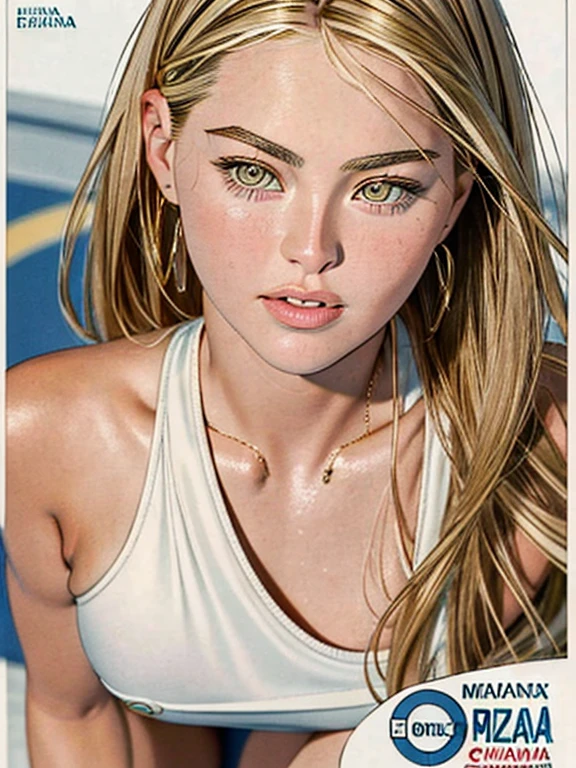 close up, portrait of a 25 year old, young woman,full lips, symmetrical face, blend of (Alexis Dziena:1.1), (Maria Sharapova:1.6), (Jennifer Connelly:0.8)brunette, natural beauty, beautiful girl, casual, playful, smirking, movie poster style, standing, boardwalk posing