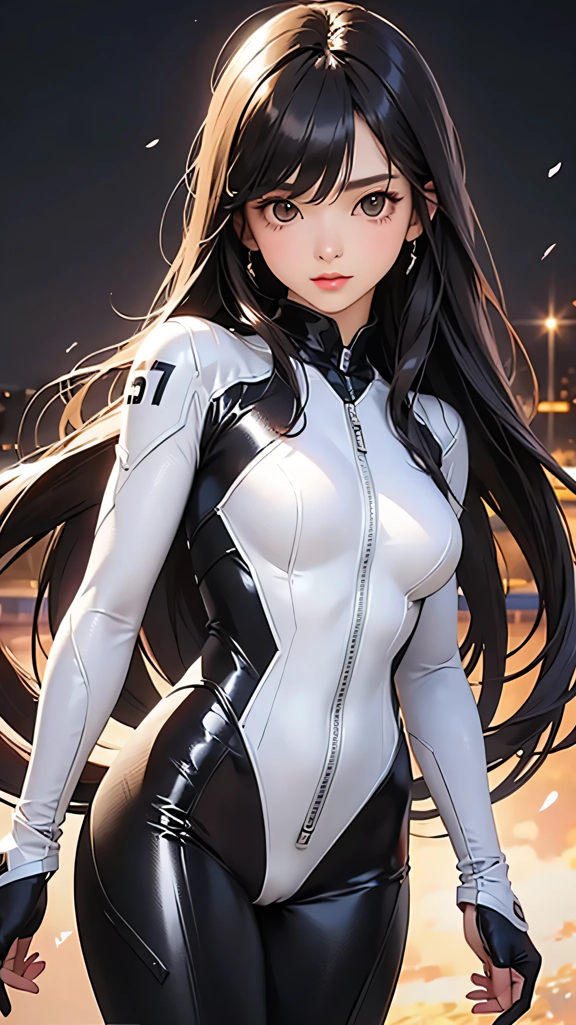 highest quality、Realistic、female、Japanese、zoom、cute、Brown eyes、Black Hair、long hair、White Hero Suit、Shiny bodysuit、