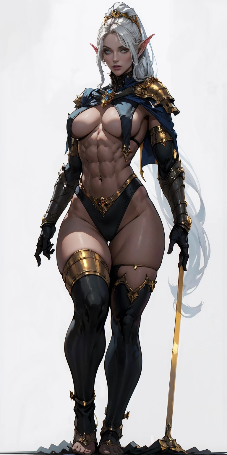 ((masterpiece, white background:1.2)) full body of a woman, standing feet together, extremely long hair, ponytail, perfect anatomy 1sologirl, tall slim thick ((muscular)) high elf toned body, silver breast plate, blue cape, slender abs, hourglass waist, detailed face, defined cheekbones, puffy lips, red gloves gauntlets, gold crown, shadow over eyes, looking at viewer view from below, white thigh highs lingerie