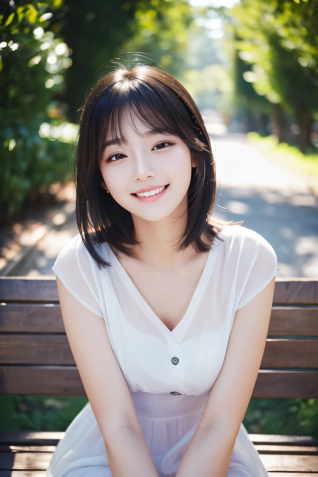 (masterpiece:1.2), (8k, Realistic, Raw photo, highest quality: 1.4), Soft Light, Professional Lighting, One girl, 20-year-old, Pure beauty, Mouth closed, smile, Medium black hair, Outdoor