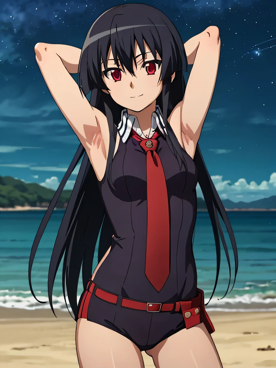 solo, 1girl, looking at viewer, 2D, anime, anime coloring, upper body, akame, necktie, sleeveless, looking at viewer, closed mouth, small smile, solo, night sky, beach, {arms behind head}, contrapposto, spread armpits,