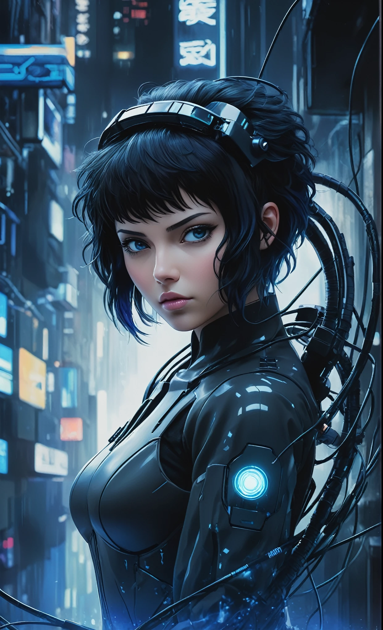 Ghost in the Shell Vol.2, by Luis Duarte, Luis Duarte style, blue and black shading, Neo-Tokyo style, Element Air, Mythpunk, Graphic Interface, Sci-Fic Art, Dark Influence, NijiExpress 3D v3, Kinetic Art, Datanoshing, Oilpainting, Ink v3, Splash style, Abstract Art, Abstract Tech, Cyber Tech Elements, Futuristic, Illustrated v3, Deco Influence, AirBrush style, drawing