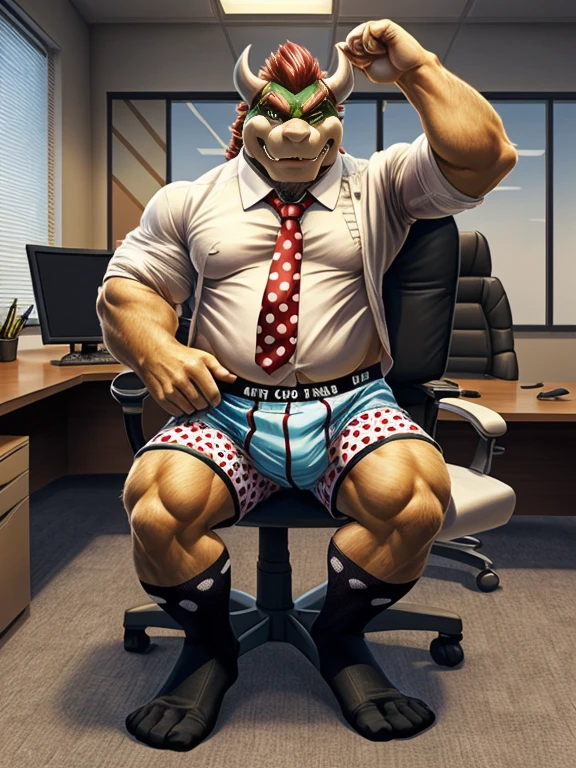 Bowser, beard, daddy, seductor, mirando al espectador, smirk, (white and red polka dots pattern oversized long loose boxers:1.3), (white shirt, tie, black socks:1.3) (posing) macho, masculine, male focus, chubby, fat, de cerca, standing, frontal view, full body, office, sitting office chair