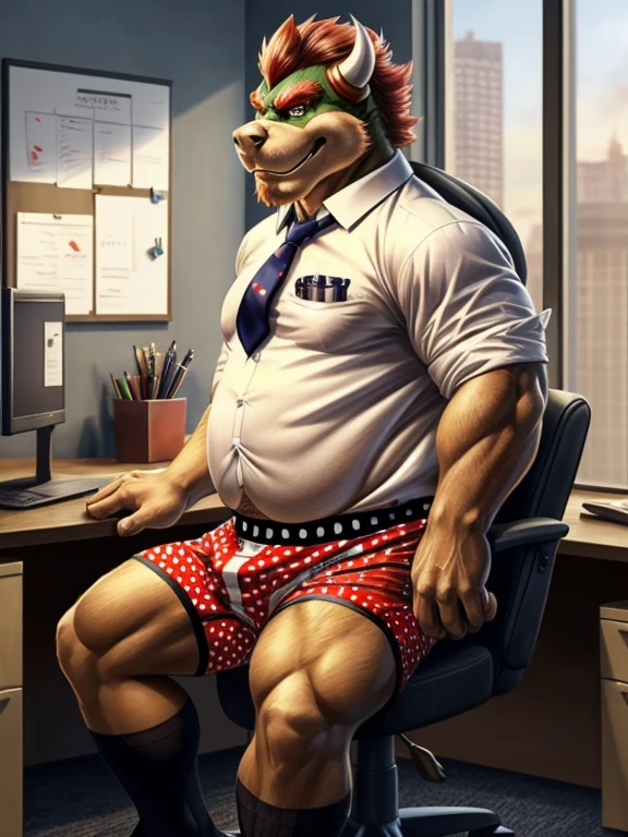 Bowser, beard, daddy, seductor, mirando al espectador, smirk, (white and red polka dots pattern oversized long loose boxers:1.3), (white shirt, tie, black socks:1.3) (posing) macho, masculine, male focus, chubby, fat, de cerca, standing, frontal view, full body, office, sitting office chair