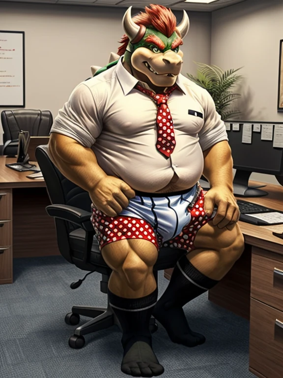 Bowser, beard, daddy, seductor, mirando al espectador, smirk, (white and red polka dots pattern oversized long loose boxers:1.3), (white shirt, tie, black socks:1.3) (posing) macho, masculine, male focus, chubby, fat, de cerca, standing, frontal view, full body, office, sitting office chair