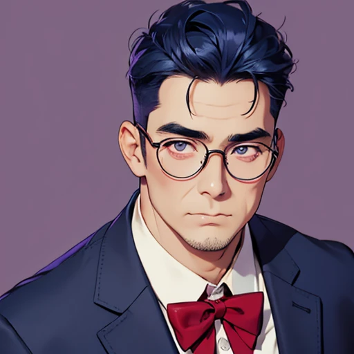 bust shot, middle aged man, 60 years old , navy blue hair, round glasses, Purple suit, red bow tie, round face shape, plump body type, purple eyes