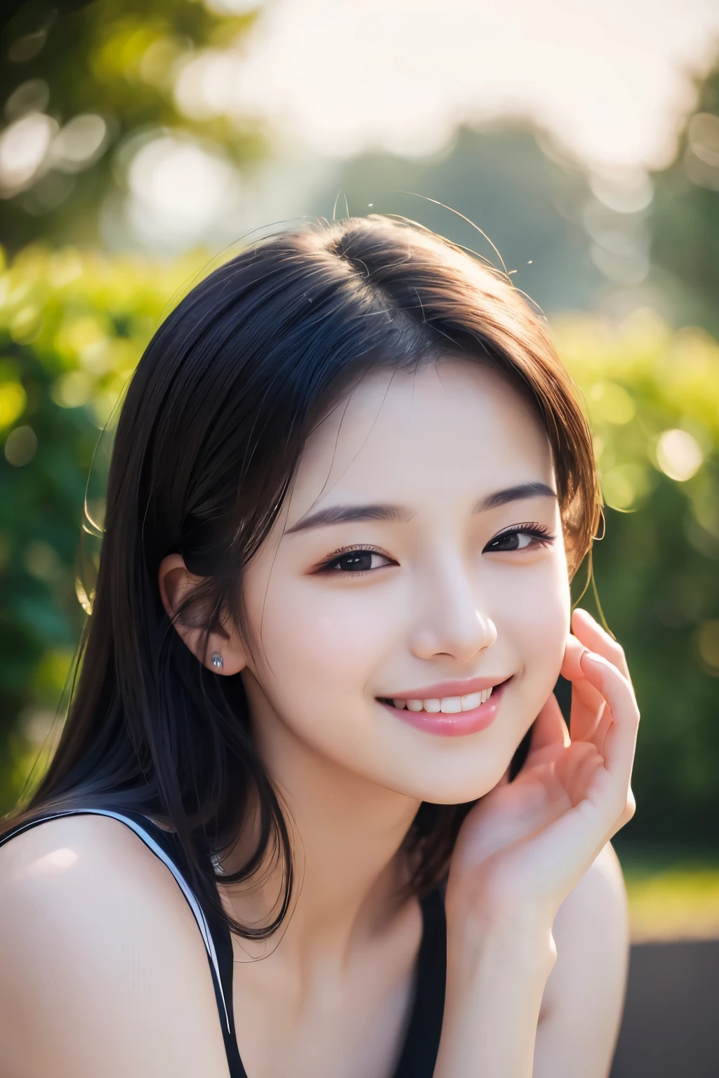 (masterpiece:1.2), (8k, Realistic, Raw photo, highest quality: 1.4), Soft Light, Professional Lighting, One girl, 20-year-old, Pure beauty, Mouth closed, smile, Medium black hair, Outdoor