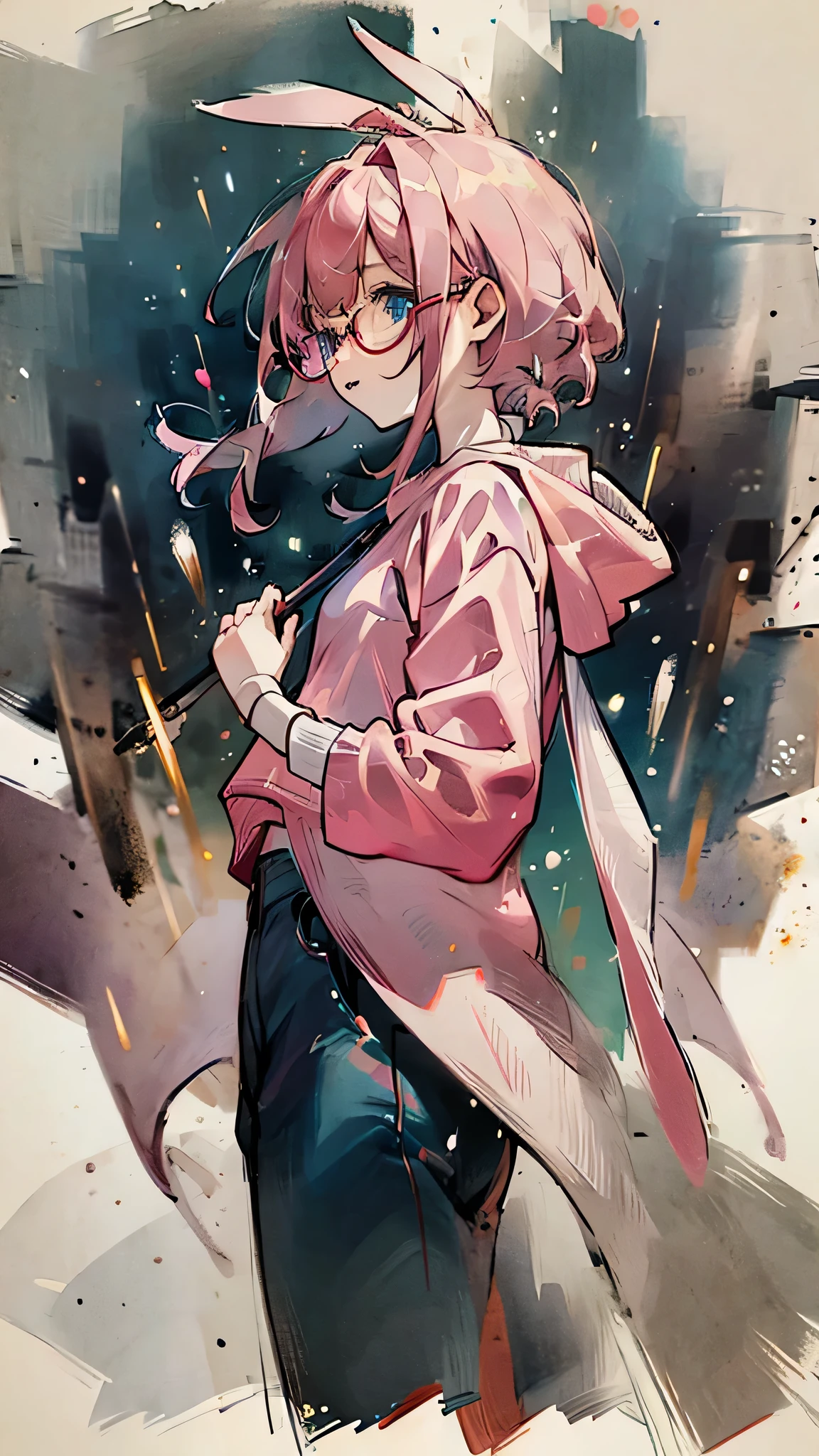 Cute bunny girl, pink hair, wearing red round glasses, blue eyes, pale skin, masterpiece, high quality, beautiful, best quality