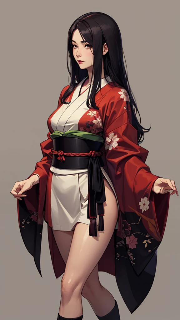 Standing posture、True Face、From the knee up、Underexposed eyes、Dark colored hair、long hair、sex appeal、glossy、Japanese、Kimono Beauty、Japan Warlords、warrior、Simple、Demure、Quiet、Height: 165cm、Heavy makeup、40 years old、Mature Woman、An illustration