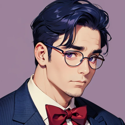 bust shot, middle aged man, 60 years old , navy blue hair, round glasses, Purple suit, red bow tie, round face shape, plump body type, purple eyes