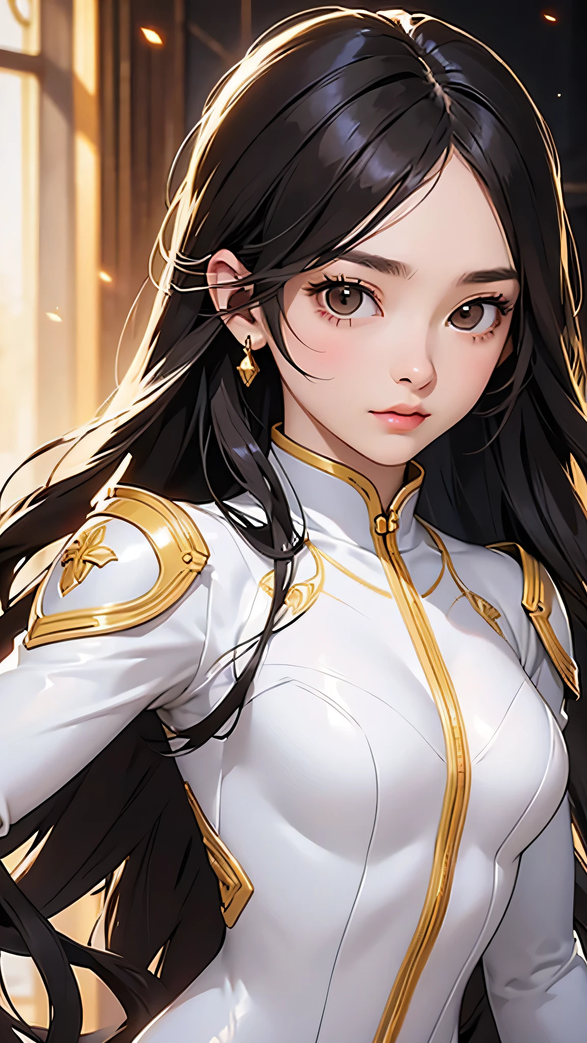 highest quality、Realistic、female、Japanese、zoom、cute、Brown eyes、Black Hair、long hair、White Hero Suit、Gold accents on suits、Shiny bodysuit、