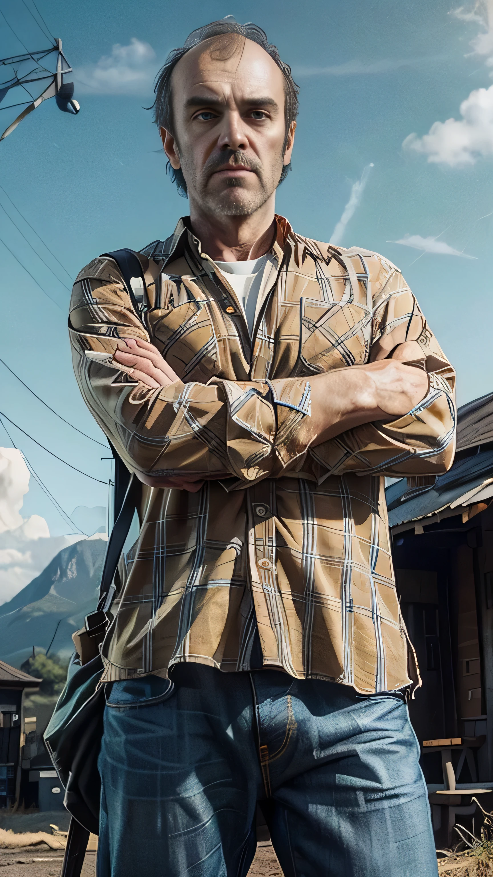 ((Stephen Dillane)) as TrevorGTA, shirt, facial hair, day, pants, plaid yellow shirt, outdoors, crossed arms, sky, denim, jeans, plaid, beard, looking at viewer, (1man), (solo), (full body view), beautiful detailed glow, detailed, cinematic light, intricate detail, realistic, highres, detailed facial features, high detail, sharp focus, smooth, aesthetic, extremely detailed, stamp, octane render