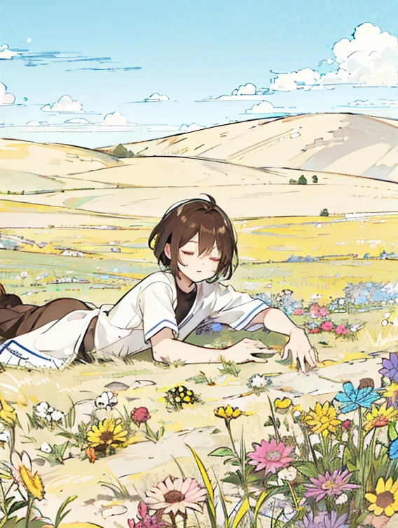 male，Shota，Lying on the steppe，Close your eyes，Brown short hair