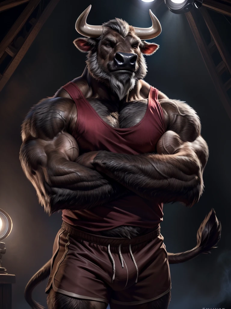 4k, high resolution, best quality, perfect colors, perfect shadows, posted on e621, (close up, portrait, upper body shot), furry body, solo, anthro brown bull, (monotone brown fur, anatomically correct bovine tail:1.3), male, (middle-aged, mature:1.2), (curved bovine horns), (short full grey beard:1.6), grey hair, (massive strongman, heavily muscular, beefy, veiny, buff, manly, masculine:1.4), correct anatomy, (photorealistic fur, detailed fur, epic, masterpiece:1.2), (by Taran Fiddler, by Chunie, by Rukis, Bonifasko lighting), detailed bull eyes,, (blue sports tank-top:1.3), (red shorts:1.4), ((arms crossed)), best posture, smile, spotlights, (bulge:0.5), smoky room backdrop