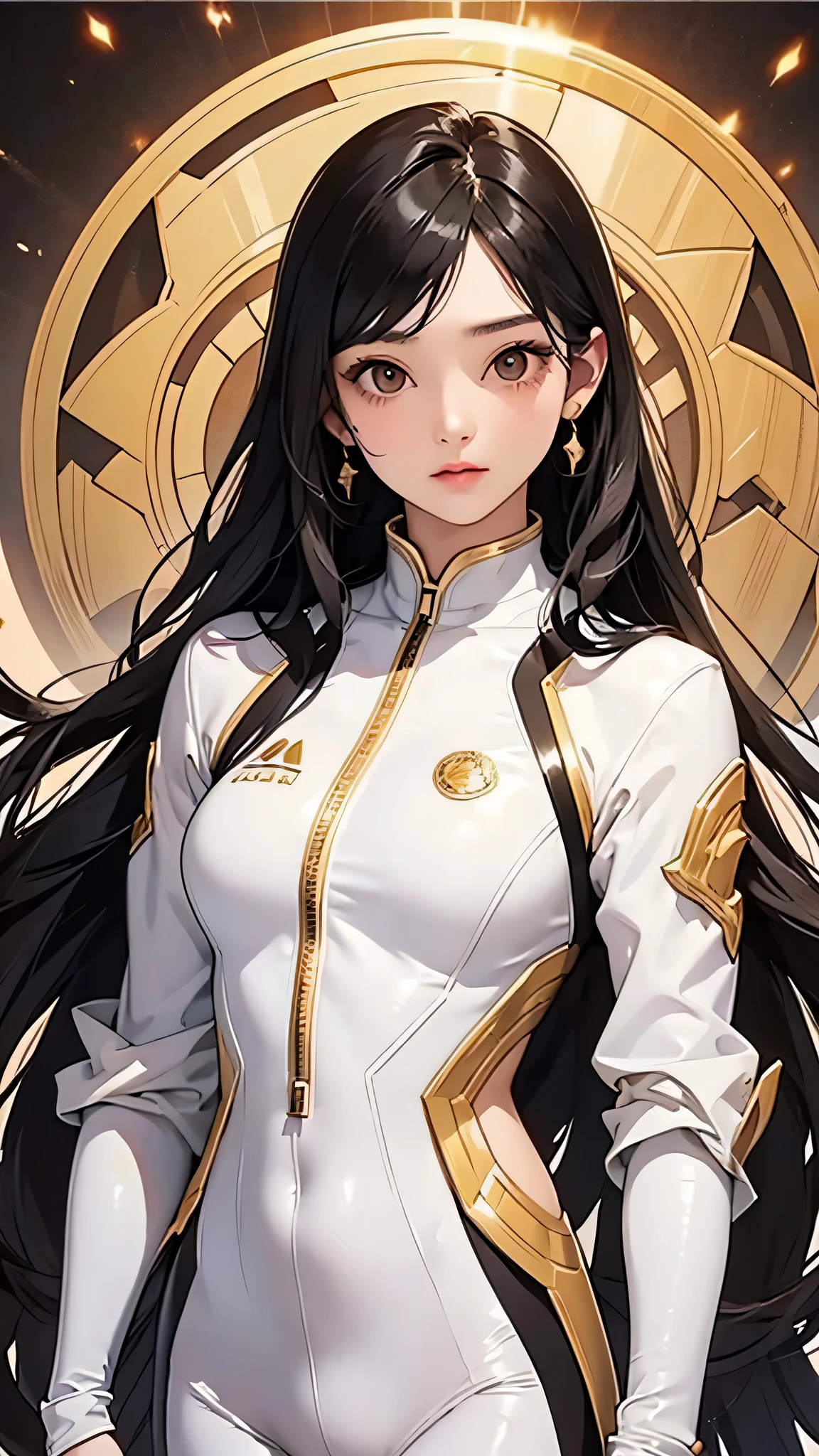 highest quality、Realistic、female、Japanese、zoom、cute、Brown eyes、Black Hair、long hair、White Hero Suit、Gold accents on suits、Shiny bodysuit、
