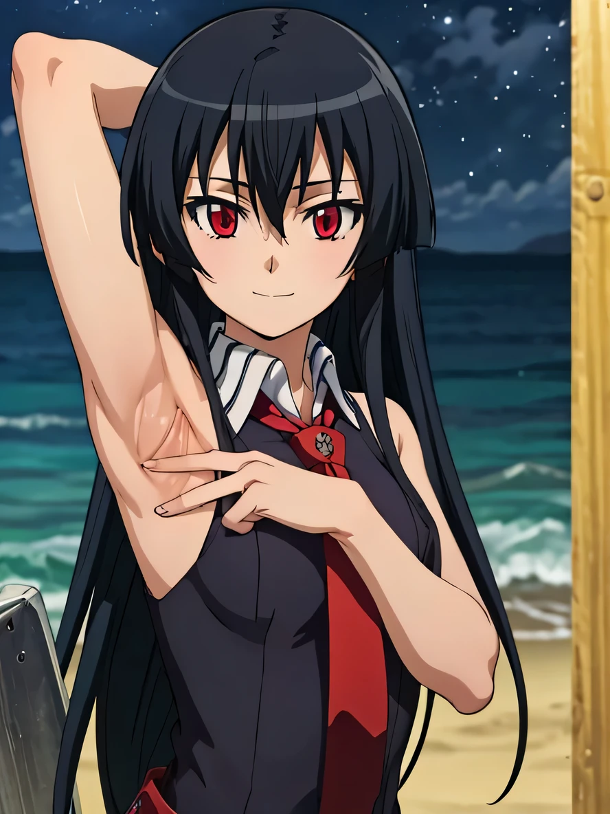solo, 1girl, looking at viewer, 2D, anime, anime coloring, upper body, akame, necktie, sleeveless, looking at viewer, closed mouth, small smile, solo, night sky, beach, {arms behind head}, contrapposto, spread armpits,