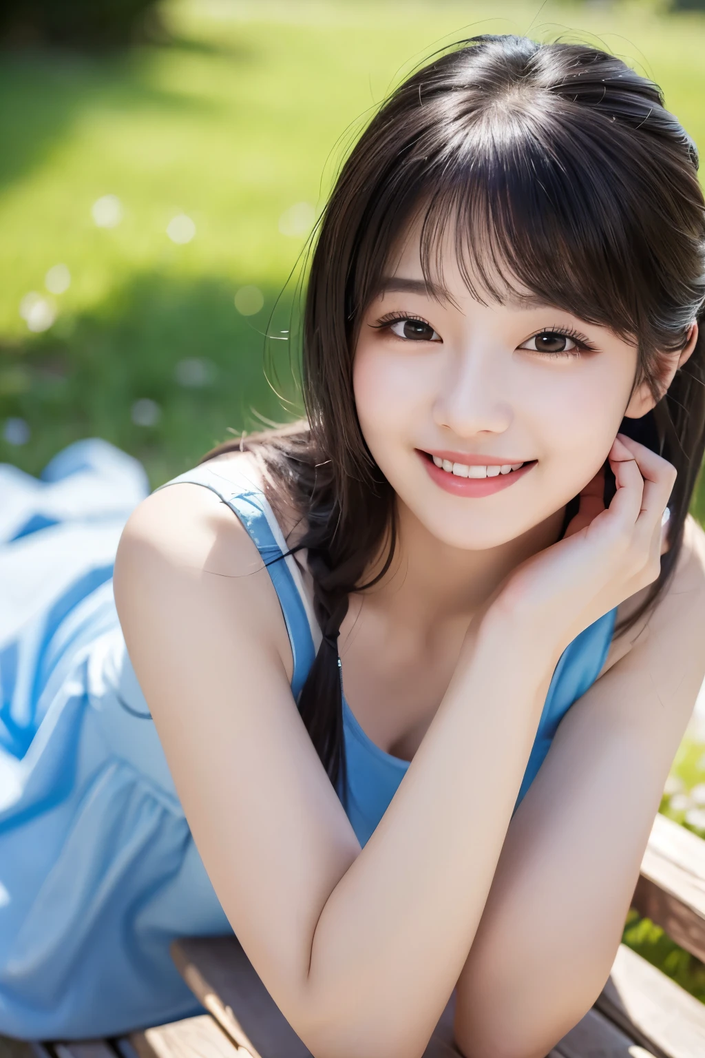 (masterpiece:1.2), (8k, Realistic, Raw photo, highest quality: 1.4), Soft Light, Professional Lighting, No arms, One girl, 20-year-old, Pure beauty, Mouth closed, smile, Medium black hair, Outdoor